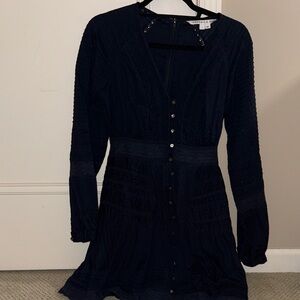 Veronica Beard Deep Navy Textured Button-Front Long Sleeve Dress